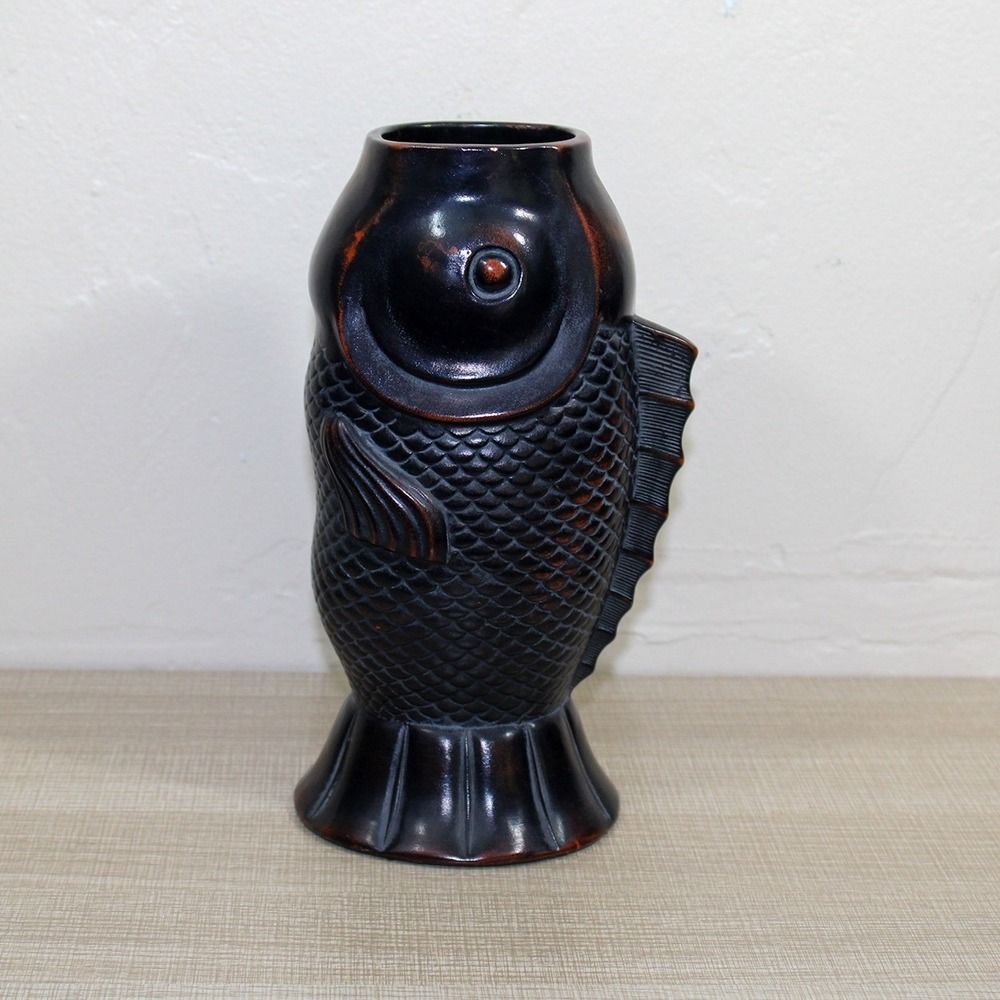 Vintage Fitz and Floyd Ceramic Vernissage Koi Fish Form Black Vase Japan 9" Tall